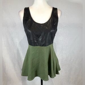 Double Zero black leather army green chiffon combo peplum top size medium